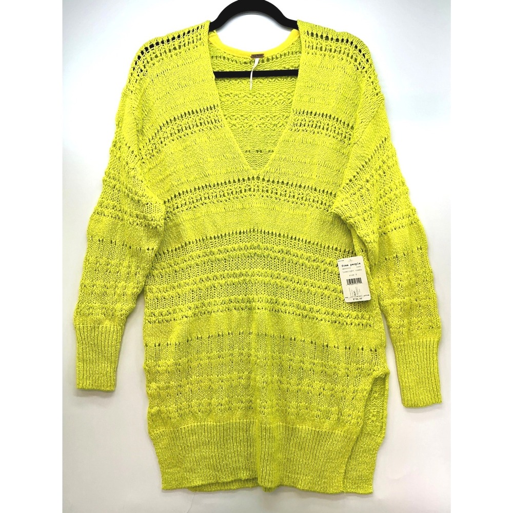 NWT Free People Hot Tropics V-Neck Sweater Lime Open Knit Festival Tunic Sz S